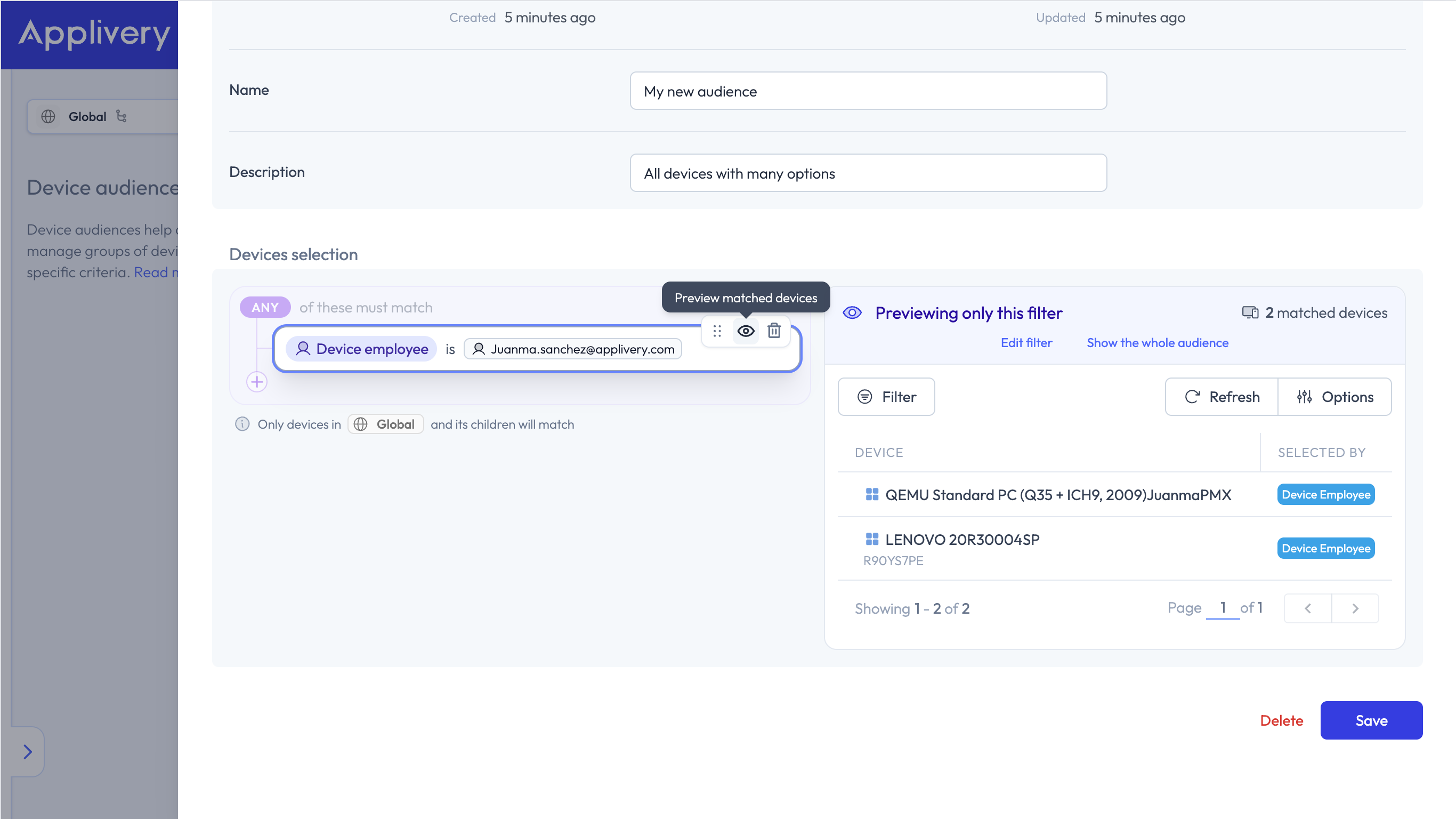 preview matched devices device employee