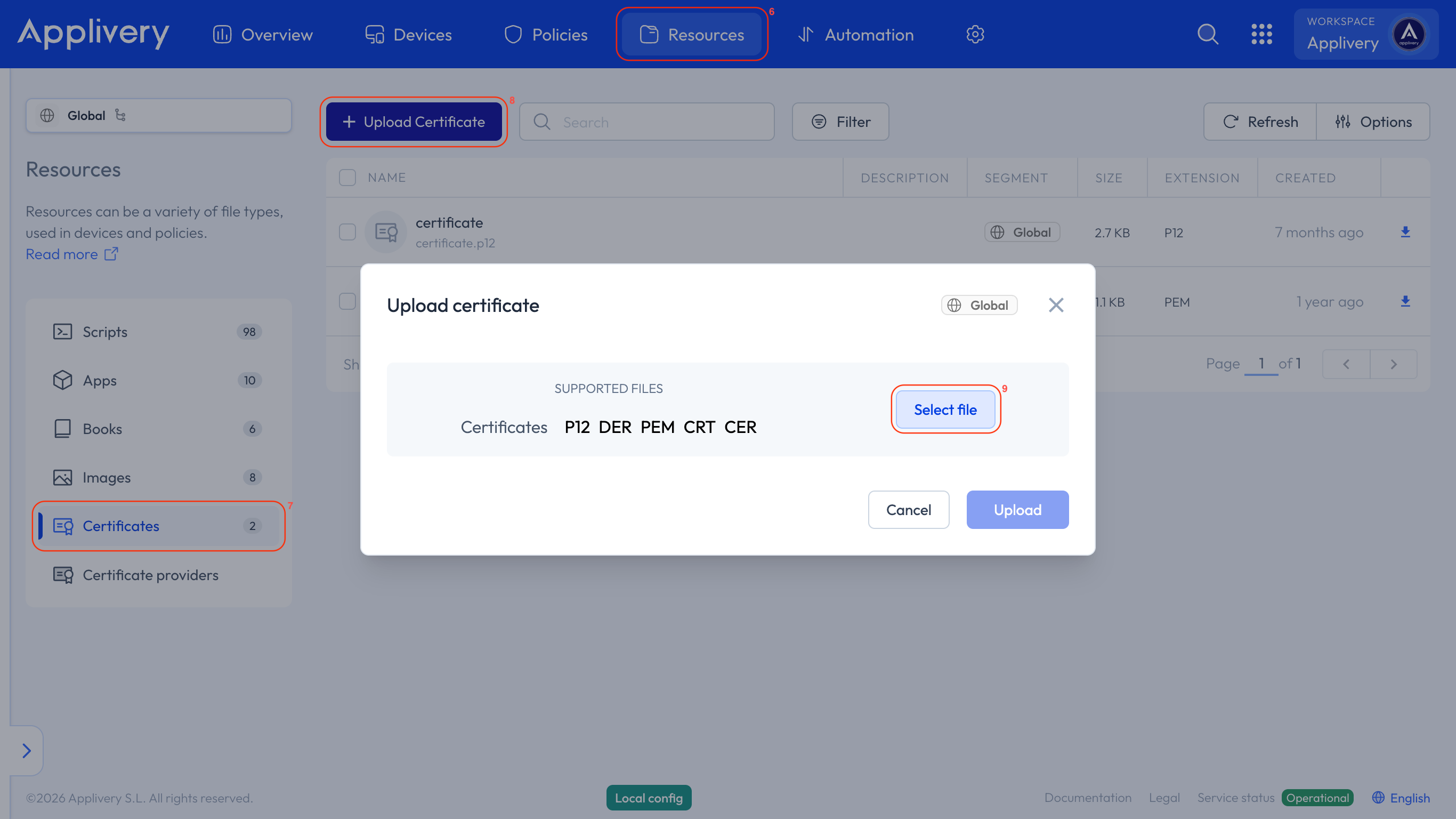 upload certificate
