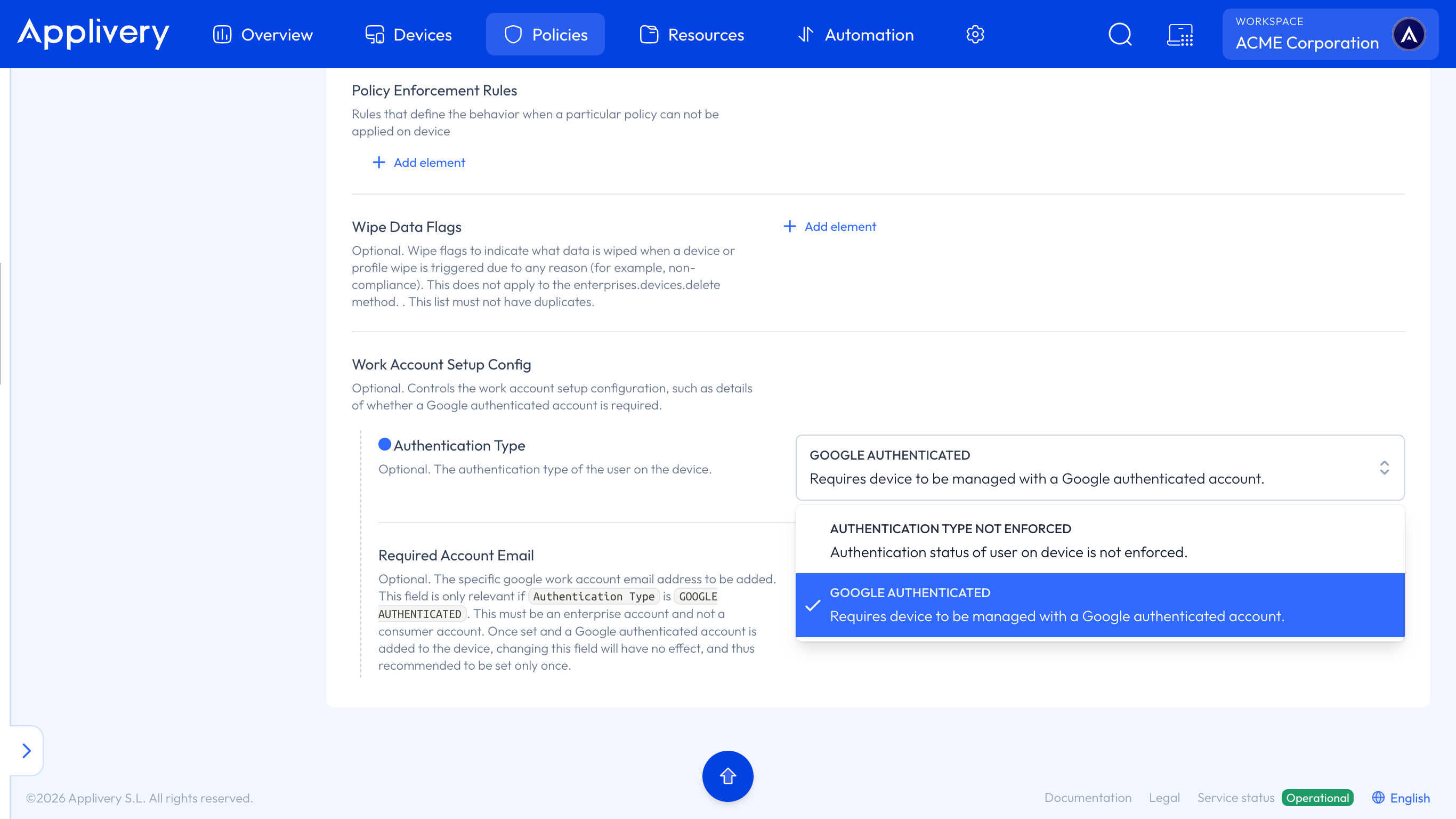work account setup config