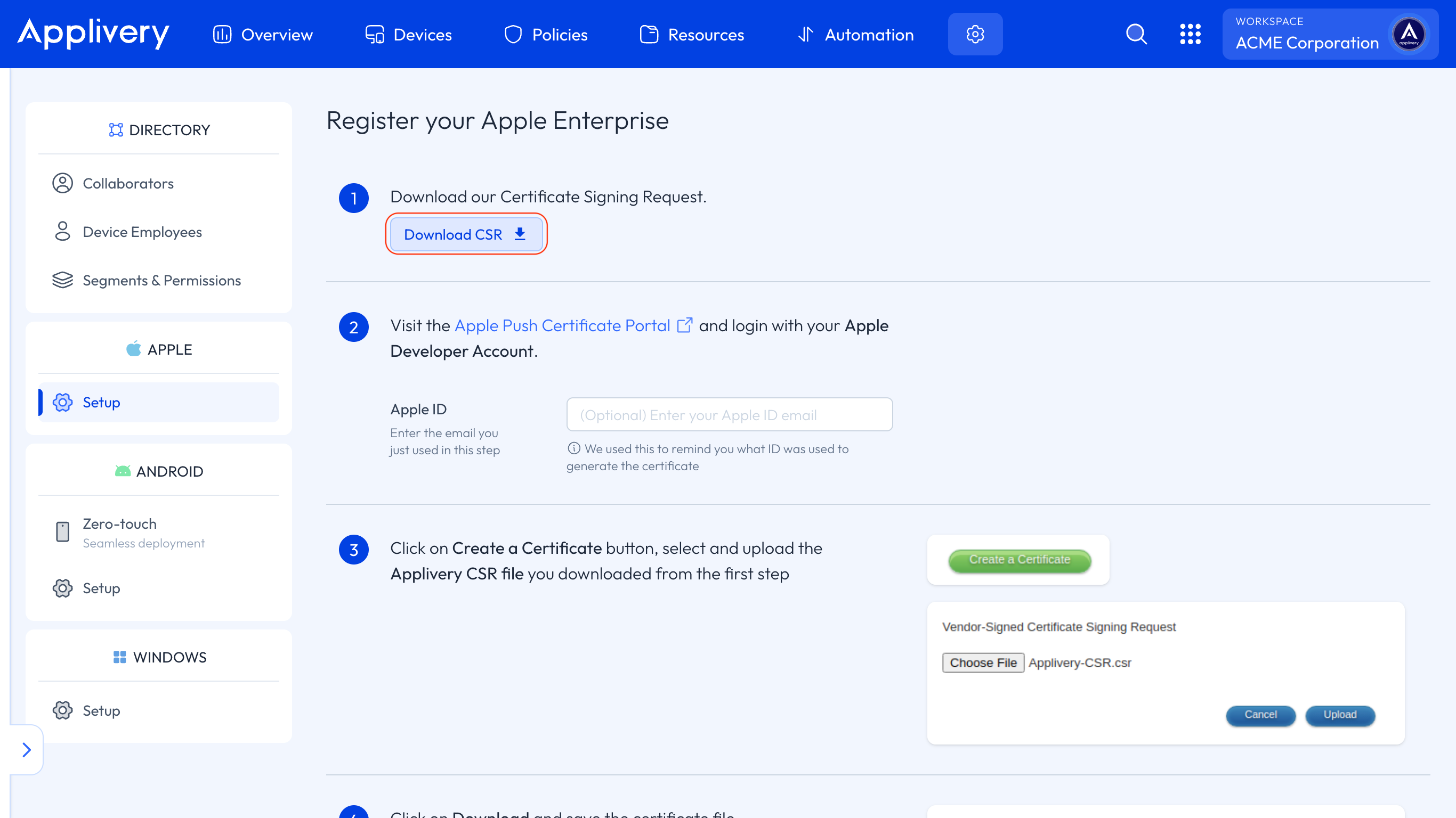 configuración empresarial de apple