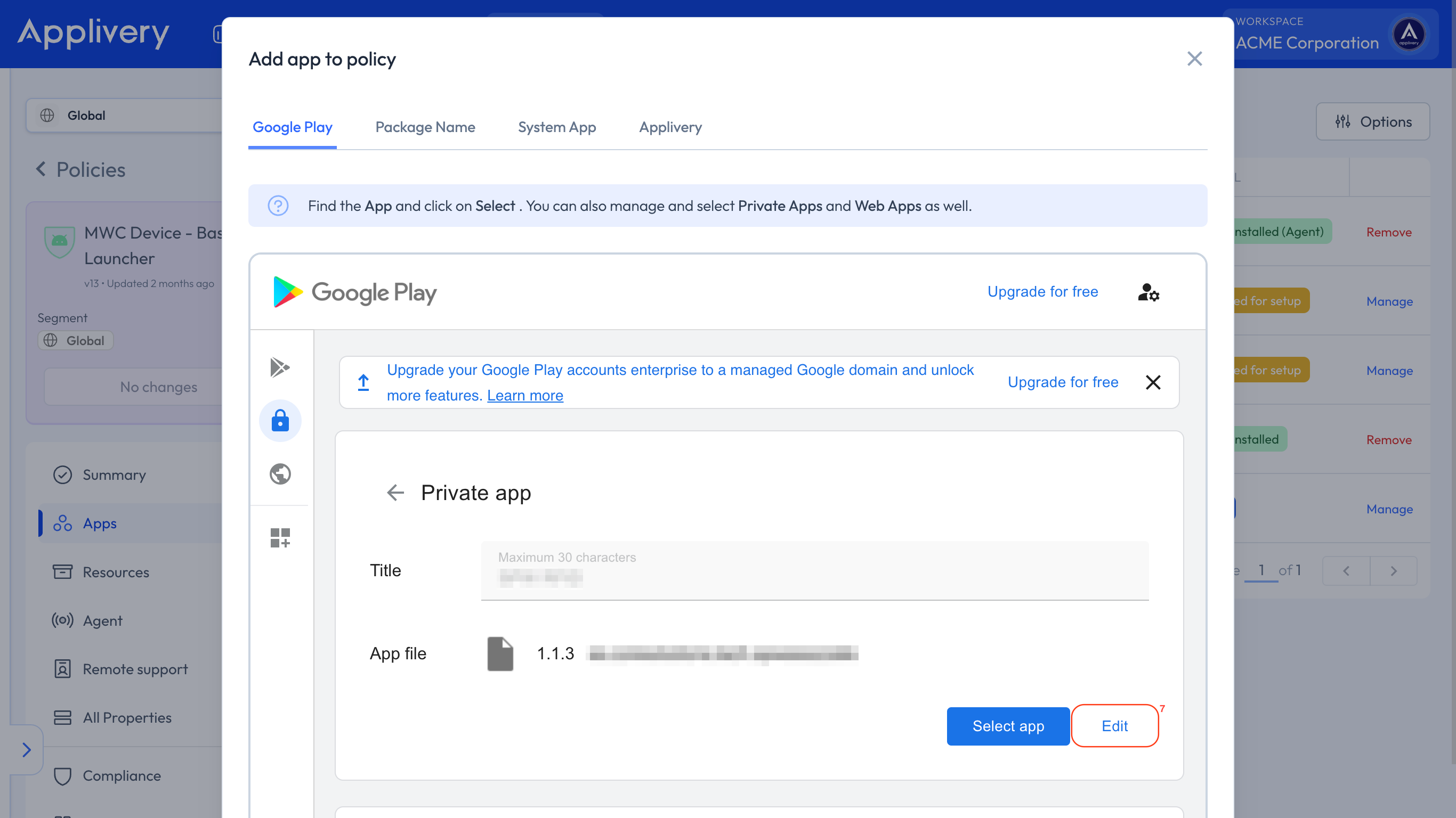 edit private app