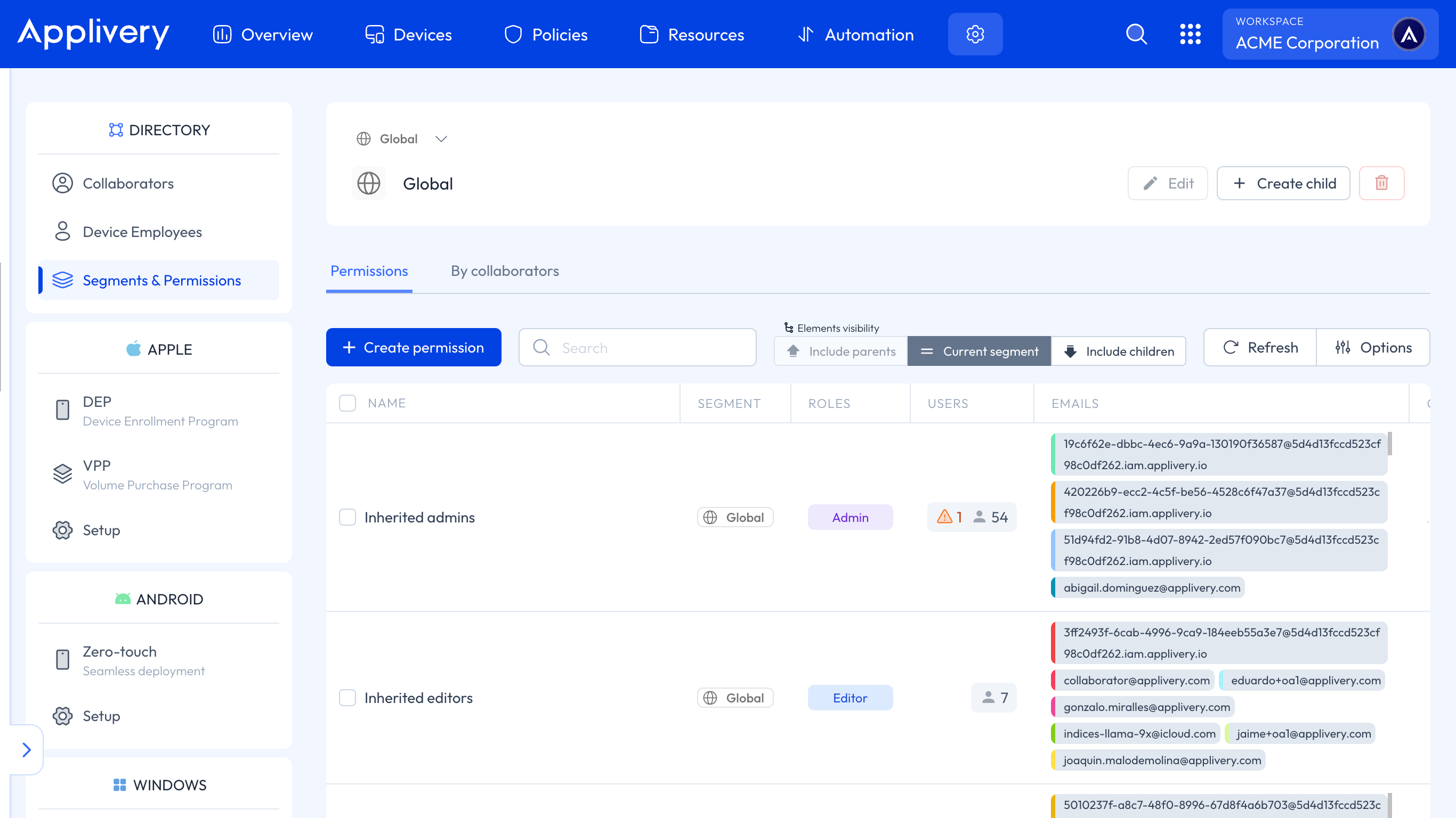 sección de configuración
